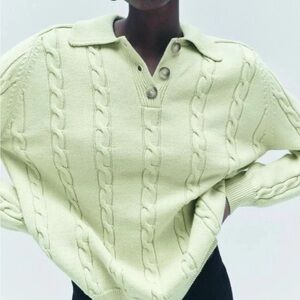 NWT Zara light lime green classic Cable knit collared sweater small pullover